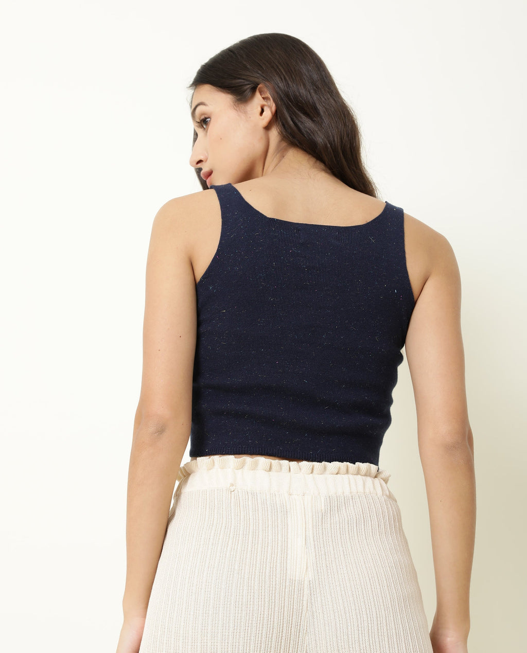 Rareism Women's Flee Navy Cotton V-Neck Plain Sleeveless Crop Regular Fit Sweater