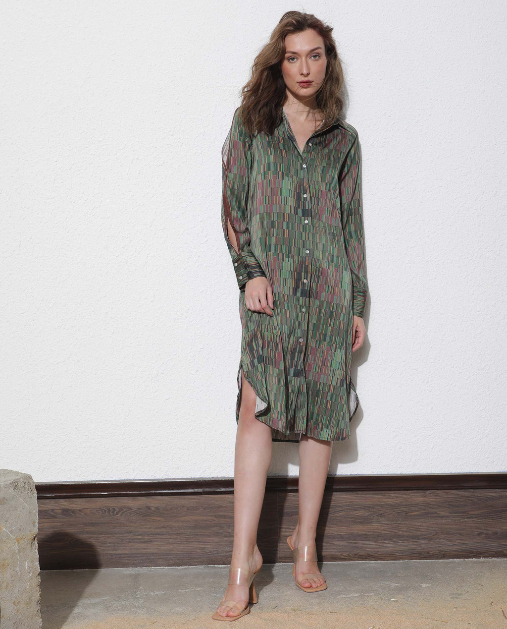 Rareism Women's Reign Olive Cotton Spread Collar Geometric Print Maxi Regular Fit Dress