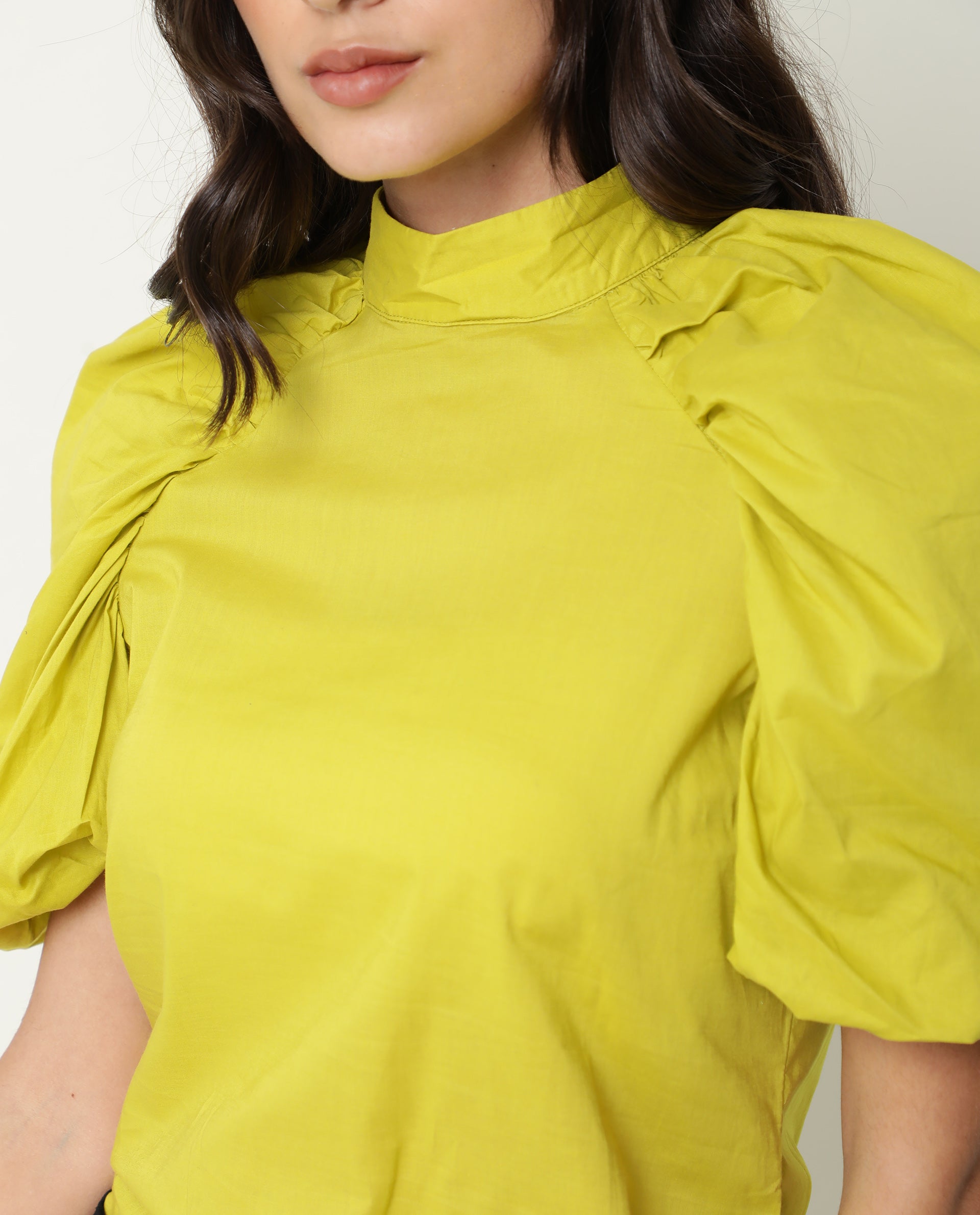 Rareism Women's Bobby Green Cotton High Neck Plain Balloon Sleeve Regular Fit Top