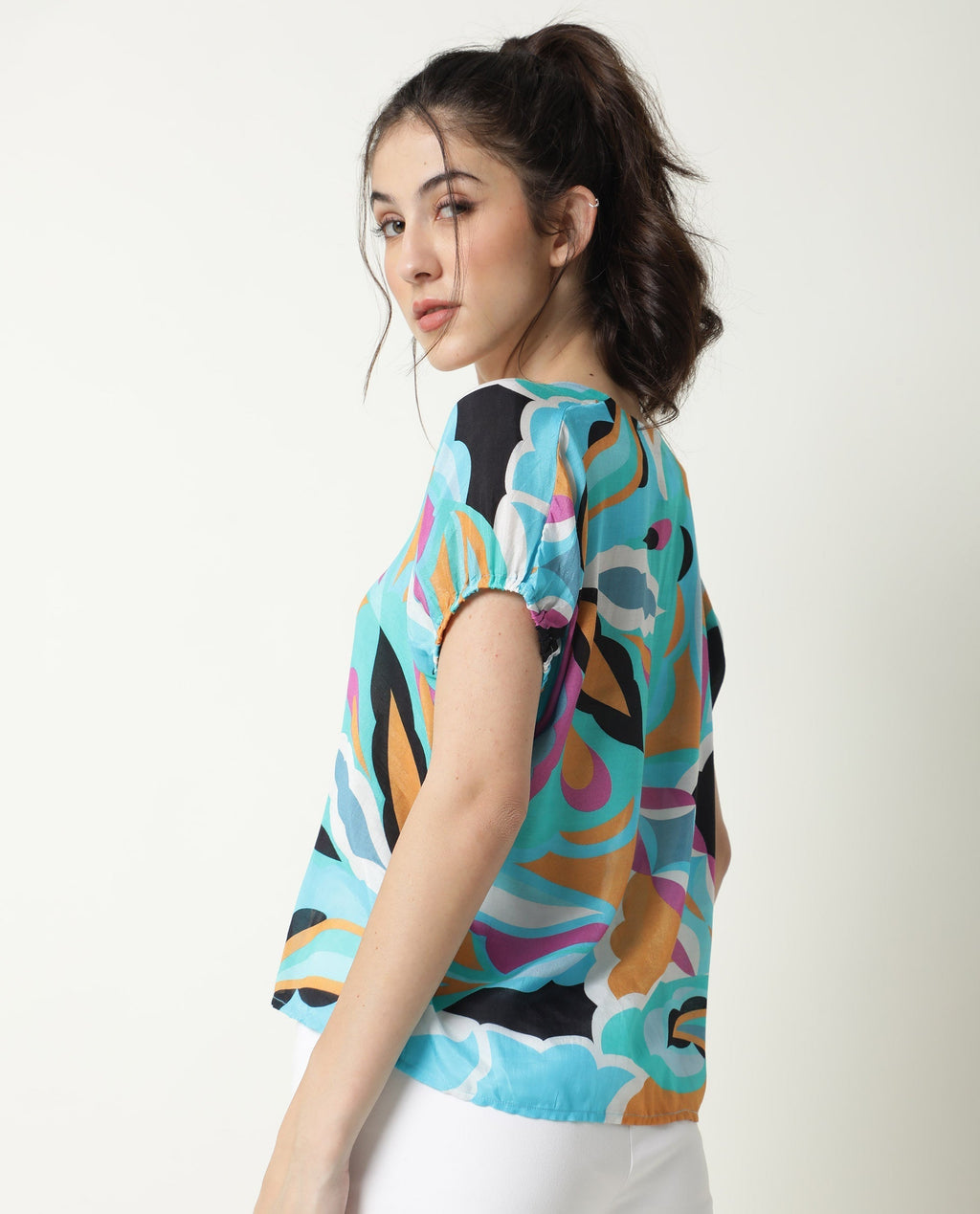 Rareism Women's Maverick Multi Cotton Blend V-Neck Abstract Print Relaxed Fit Top