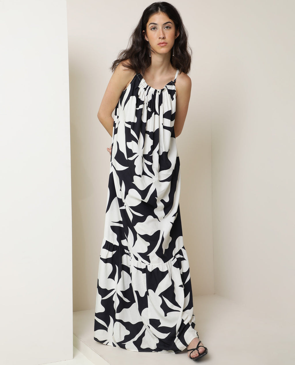 Rareism Women's Zahara Black Viscose Shoulder Strap Floral Print Shoulder Strap Knee Length Regular Fit Dress