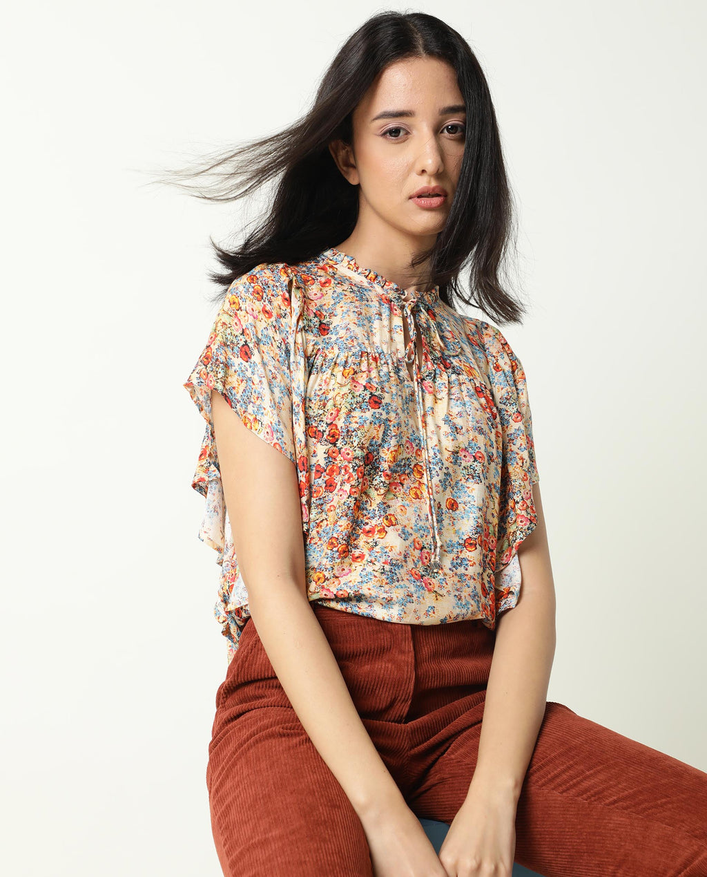 Rareism Women's Nigel Offwhite Cotton Blend Tie-Up Neck Floral Print Ruffled Sleeve Relaxed Fit Top