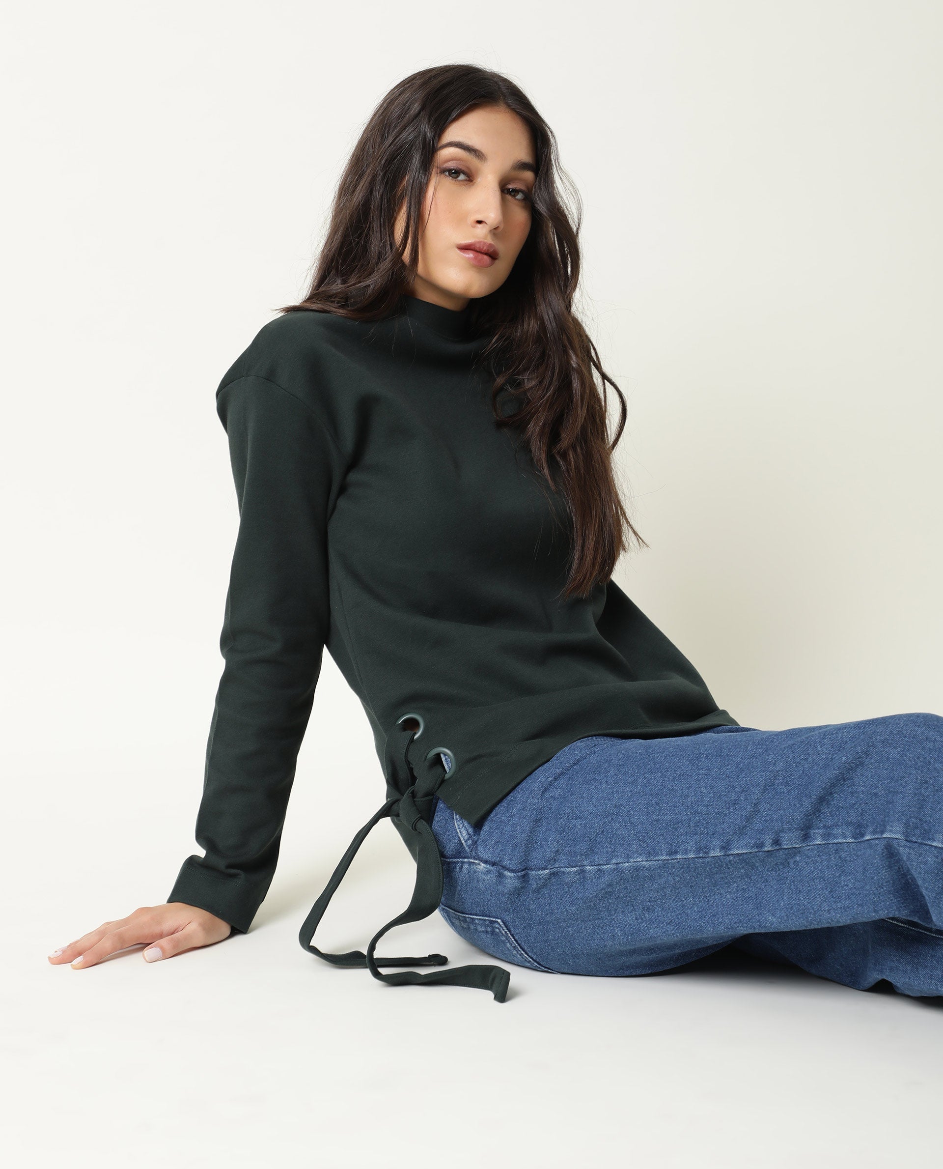 Rareism Women's Ross- Green Cotton Crew Neck Plain Regular Fit Top