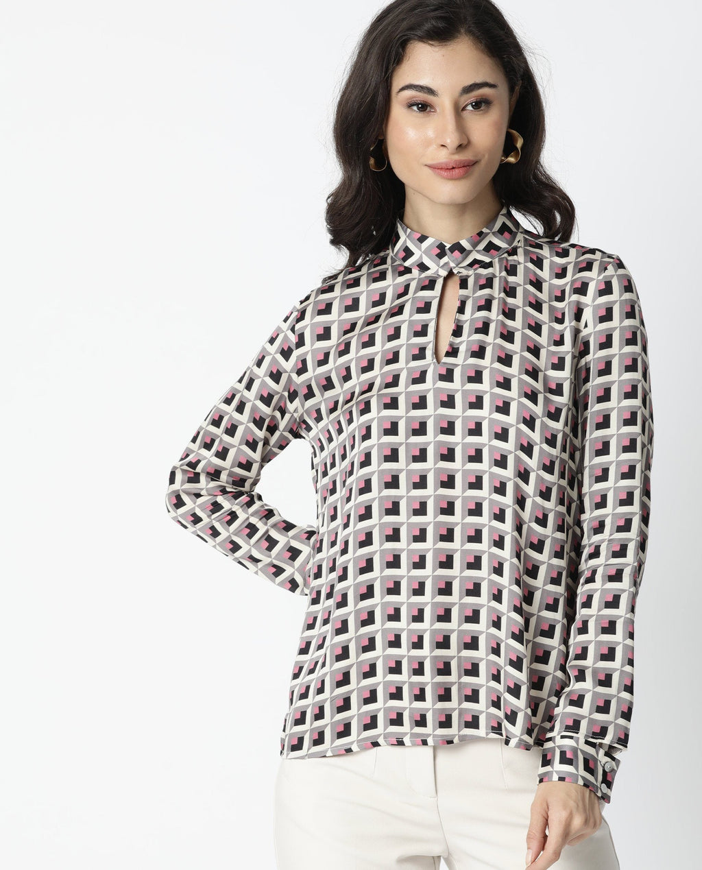 Rareism Women's Appar Offwhite Mandarin Collar Geometric Print Tailored Top