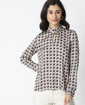 Rareism Women's Appar Offwhite Mandarin Collar Geometric Print Tailored Top