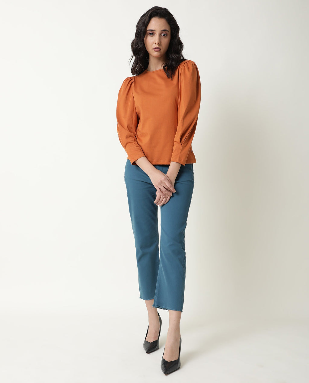 Rareism Women's Ballerina Orange Cotton Boat Neck Plain Midi Length Slim Fit Top