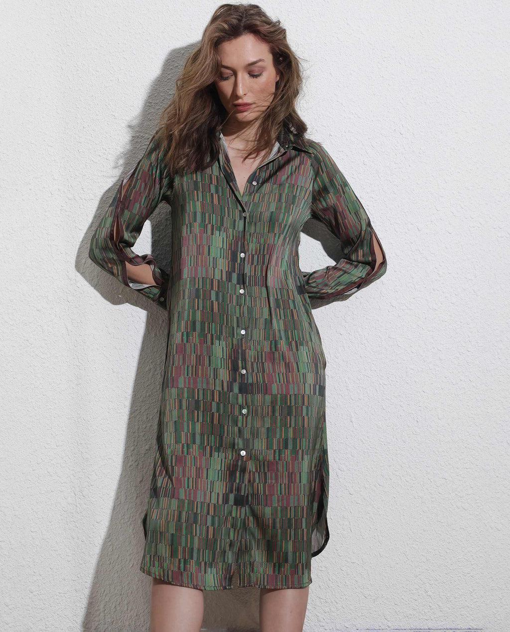 Rareism Women's Reign Olive Cotton Spread Collar Geometric Print Maxi Regular Fit Dress