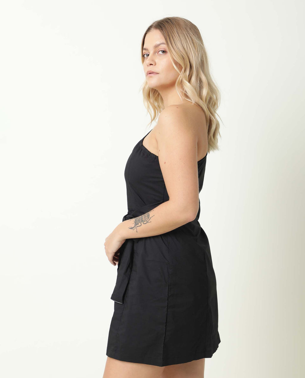 Rareism Women's Floris Black Polyester Blend One Shoulder Plain Puff Sleeves Knee Length Slim Fit Dress