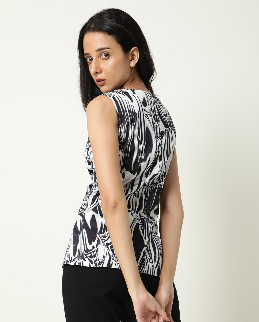 Rareism Women's Portal Black Modal Blend V-Neck Abstract Print Sleeveless Regular Fit Top