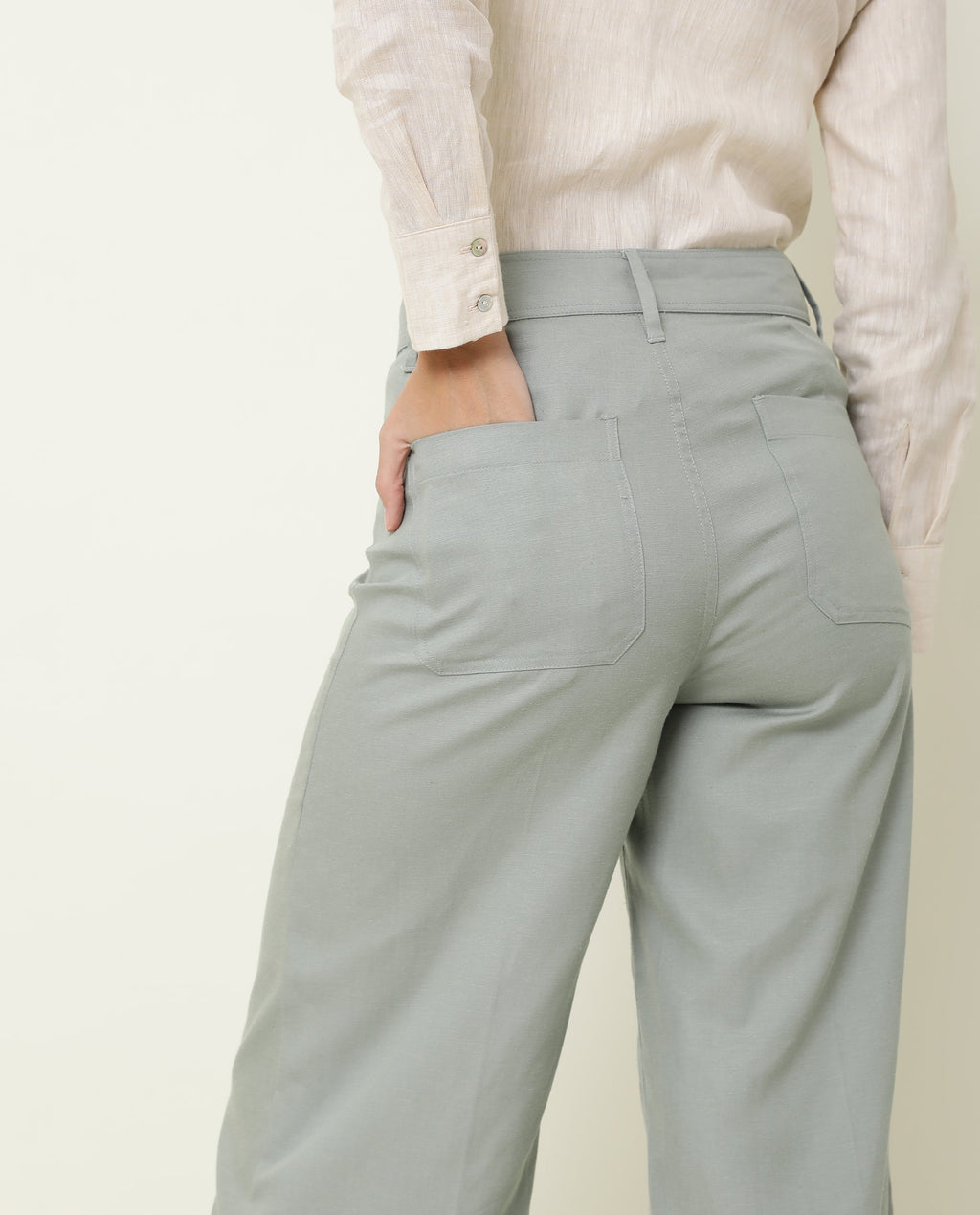 Rareism Women's Micky Green Cotton Blend Plain Ankle Length Tailored Trouser
