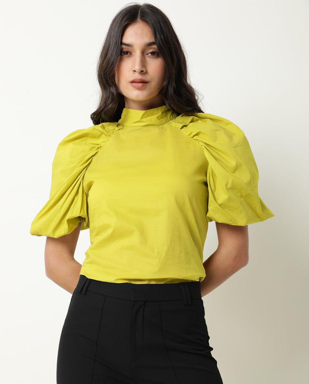 Rareism Women's Bobby Green Cotton High Neck Plain Balloon Sleeve Regular Fit Top