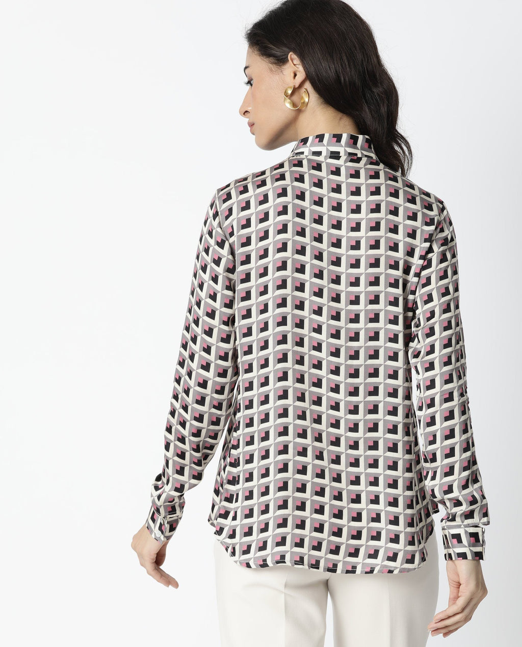 Rareism Women's Appar Offwhite Mandarin Collar Geometric Print Tailored Top