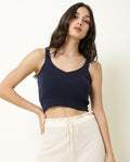 Rareism Women's Flee Navy Cotton V-Neck Plain Sleeveless Crop Regular Fit Sweater