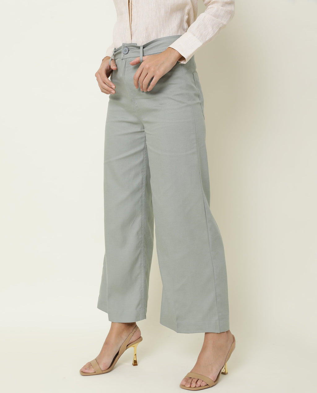 Rareism Women's Micky Green Cotton Blend Plain Ankle Length Tailored Trouser