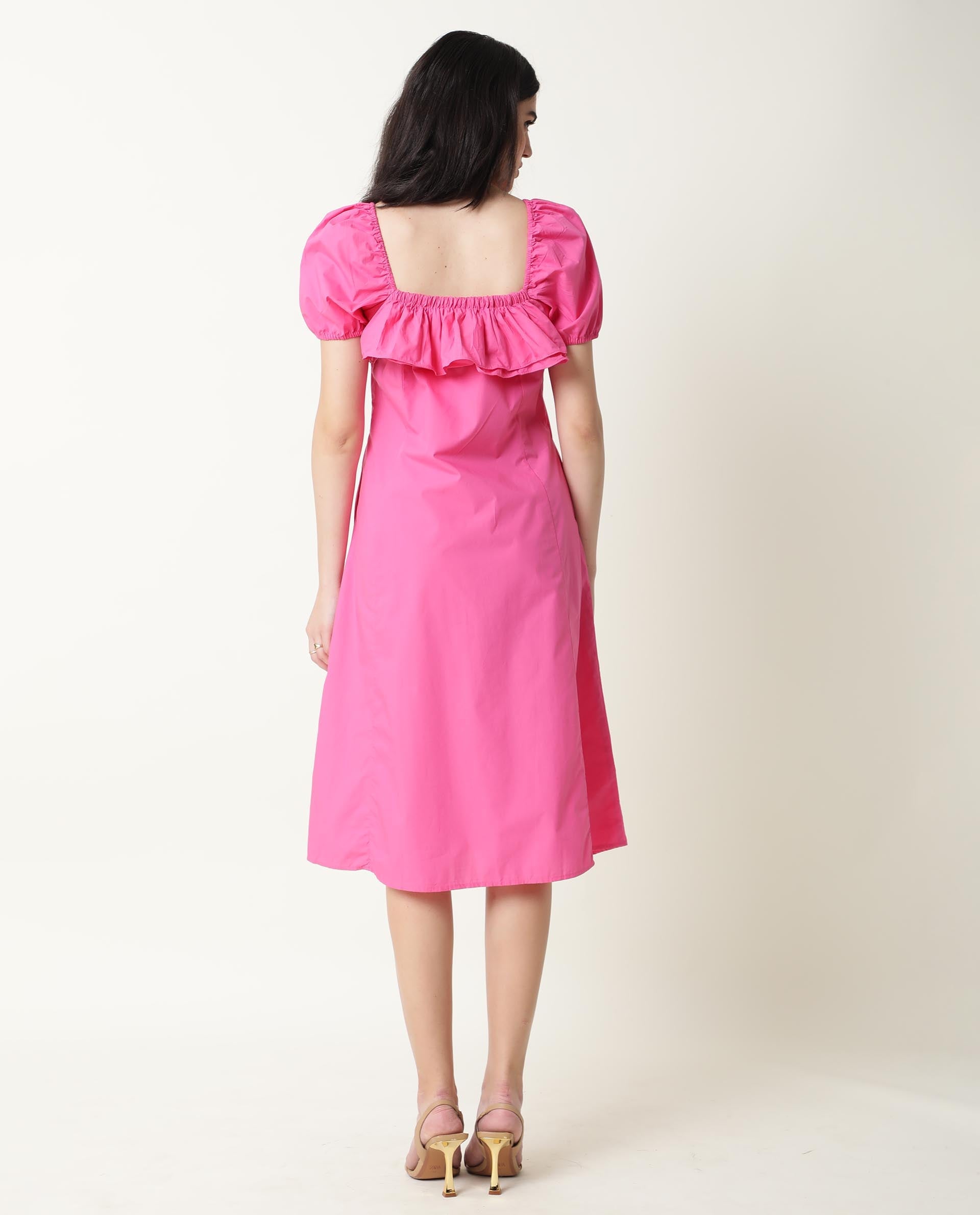 Rareism Women's Varsi Pink Sweetheart Neck Plain Midi Regular Fit Dress
