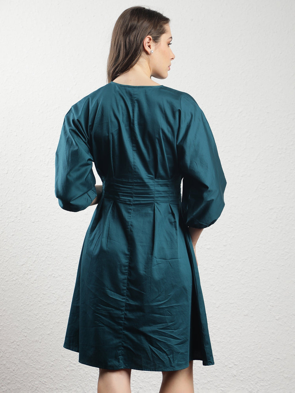 Rareism Women's Mayem Petrol Cotton Crew Neck Plain Volume Sleeve Knee Length Tailored Dress