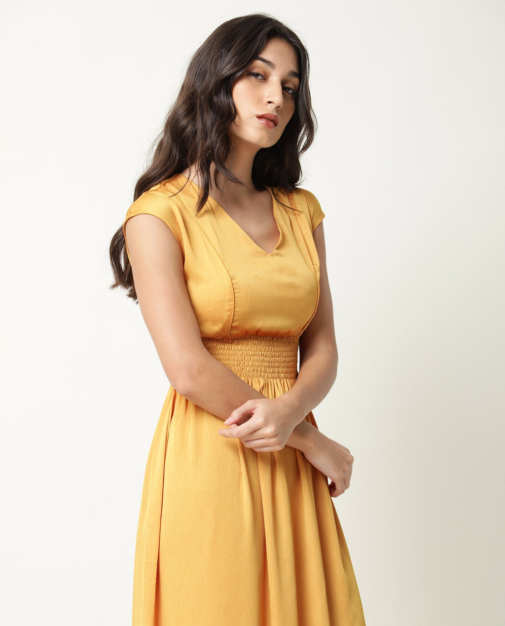 Rareism Women's Milux Mustard V-Neck Plain Sleeveless Knee Length Regular Fit Dress