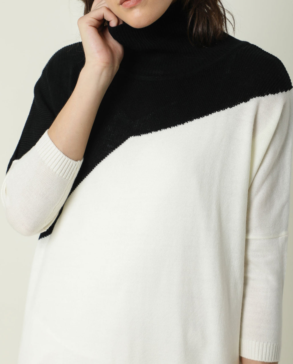 Rareism Women's Spaton Black Acrylic High Neck Color Block Knee Length Regular Fit Sweater