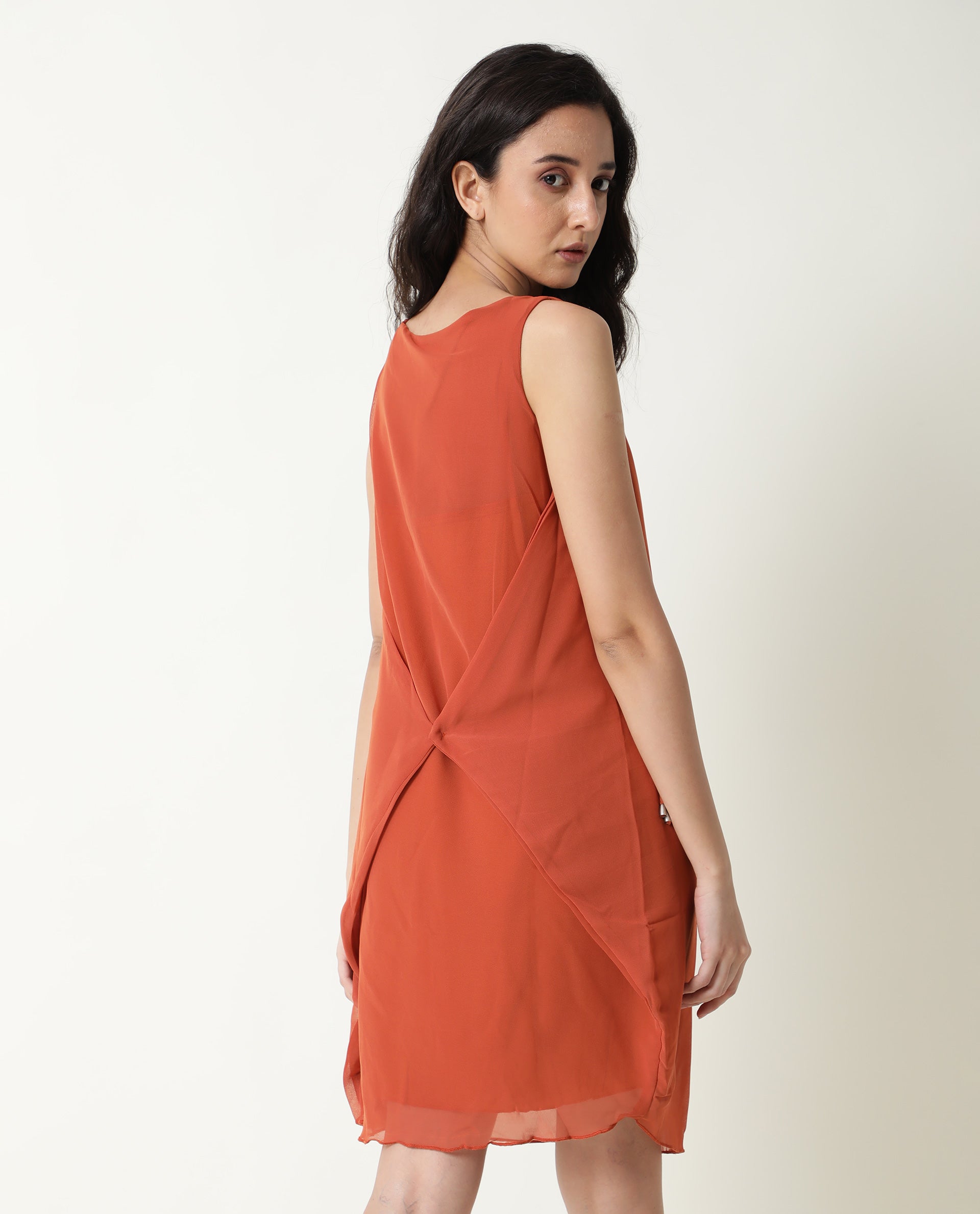Rareism Women's Saabo Rust Polyester Boat Neck Plain Sleeveless Knee Length Regular Fit Dress