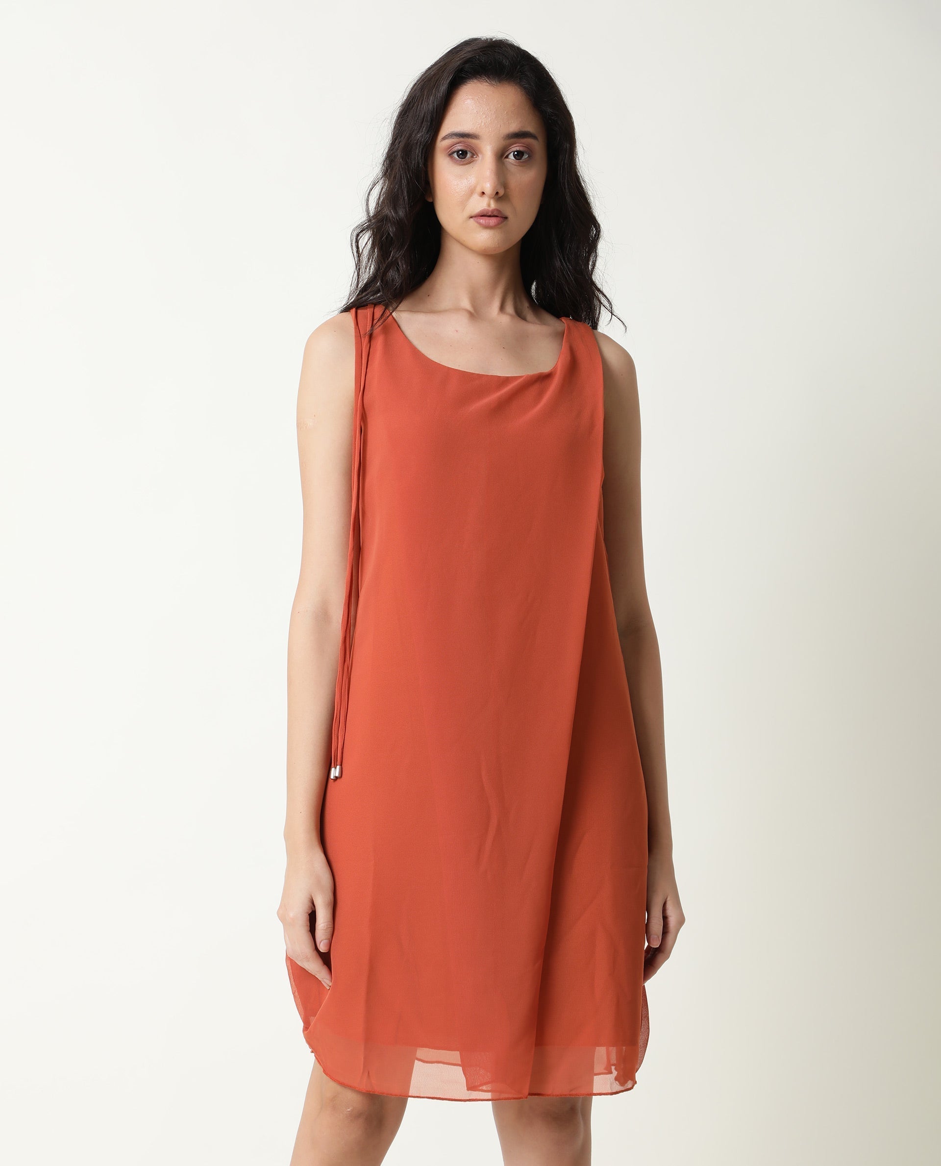 Rareism Women's Saabo Rust Polyester Boat Neck Plain Sleeveless Knee Length Regular Fit Dress