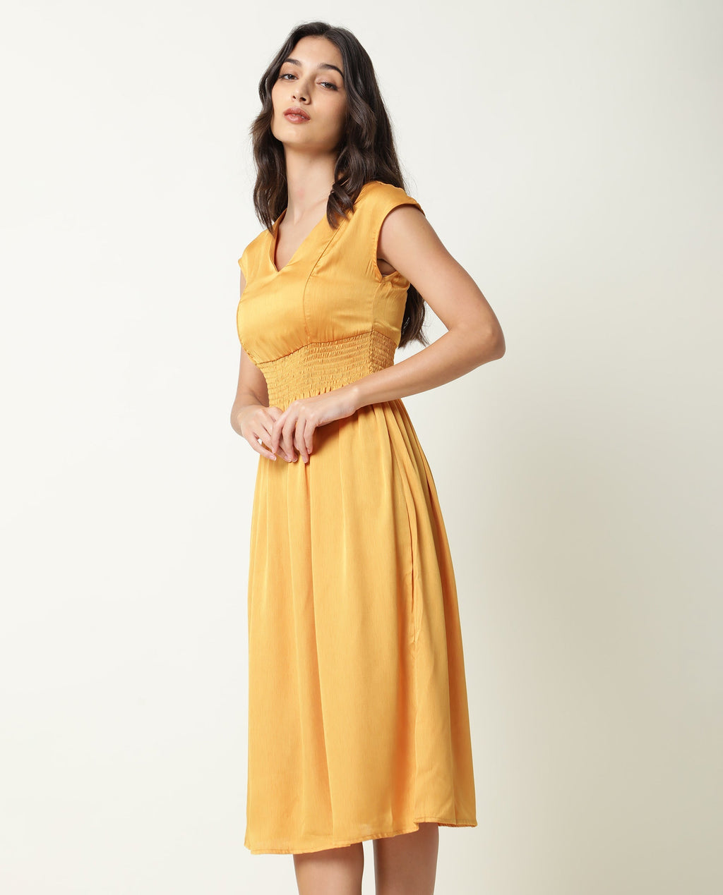 Rareism Women's Milux Mustard V-Neck Plain Sleeveless Knee Length Regular Fit Dress