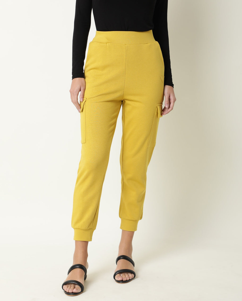 Rareism Women's Nush Yellow Polyester Blend Plain Ankle Length Tailored Track Pant