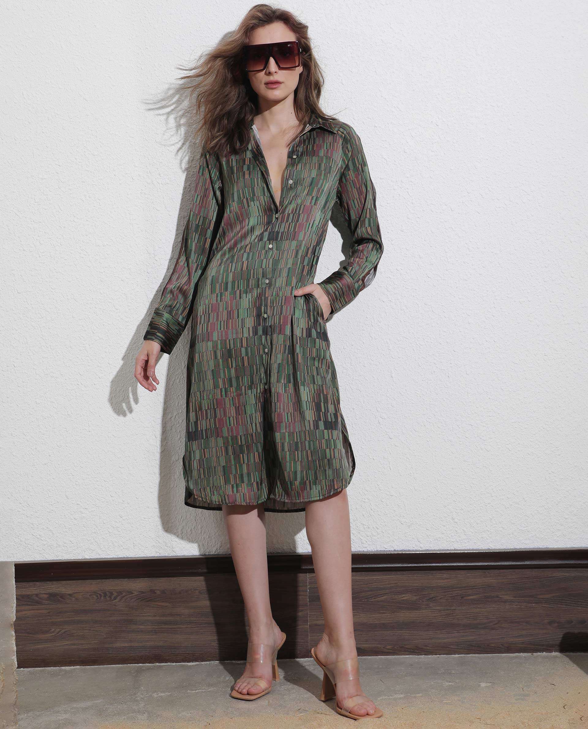 Rareism Women's Reign Olive Cotton Spread Collar Geometric Print Maxi Regular Fit Dress