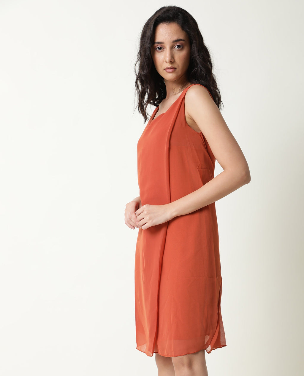 Rareism Women's Saabo Rust Polyester Boat Neck Plain Sleeveless Knee Length Regular Fit Dress