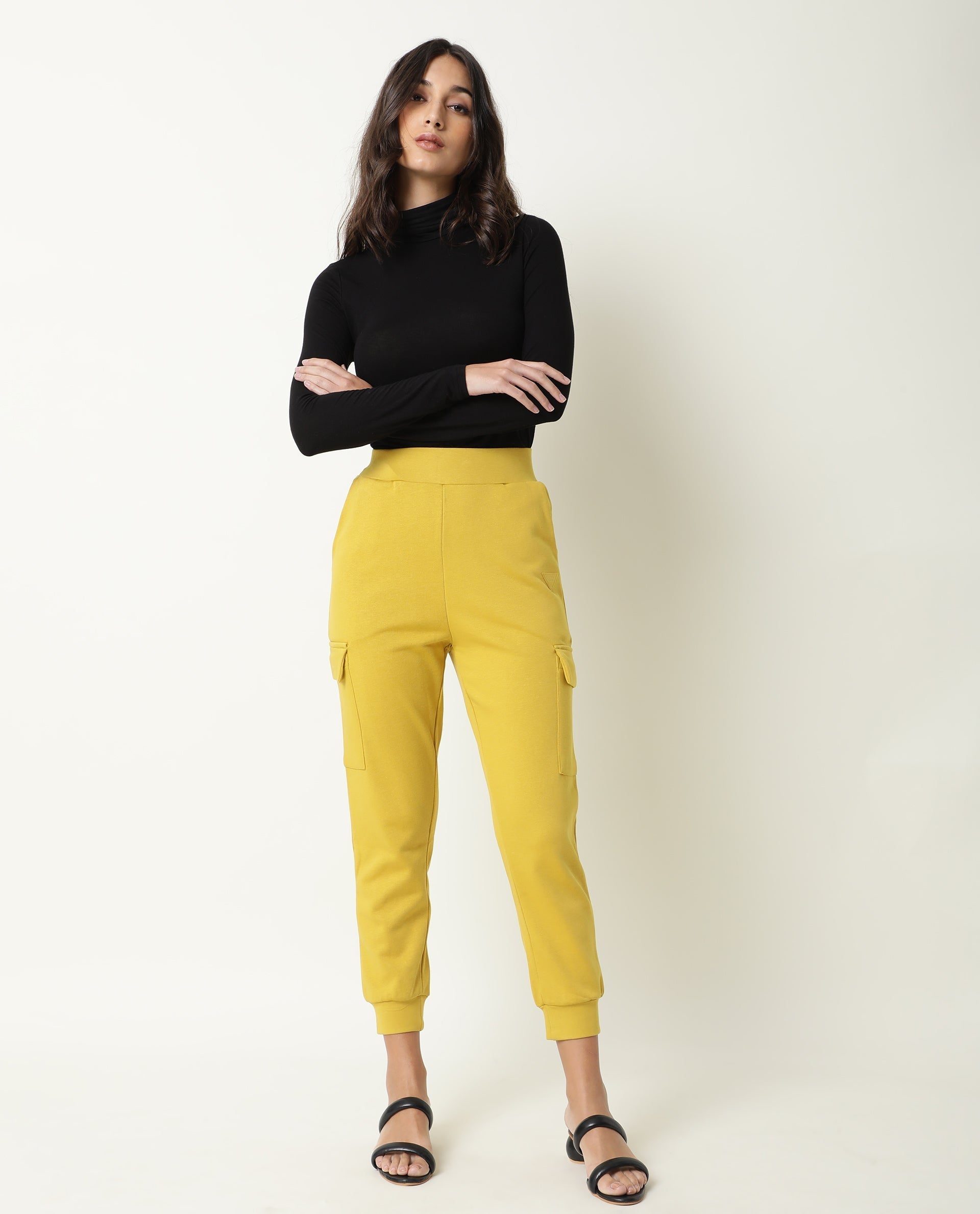 Rareism Women's Nush Yellow Polyester Blend Plain Ankle Length Tailored Track Pant