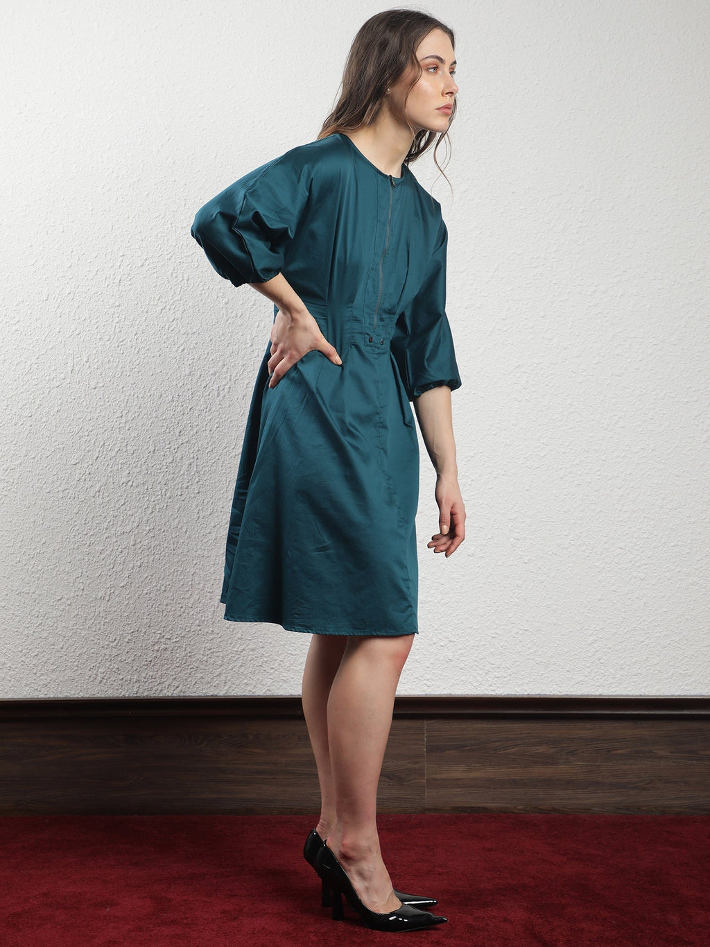 Rareism Women's Mayem Petrol Cotton Crew Neck Plain Volume Sleeve Knee Length Tailored Dress