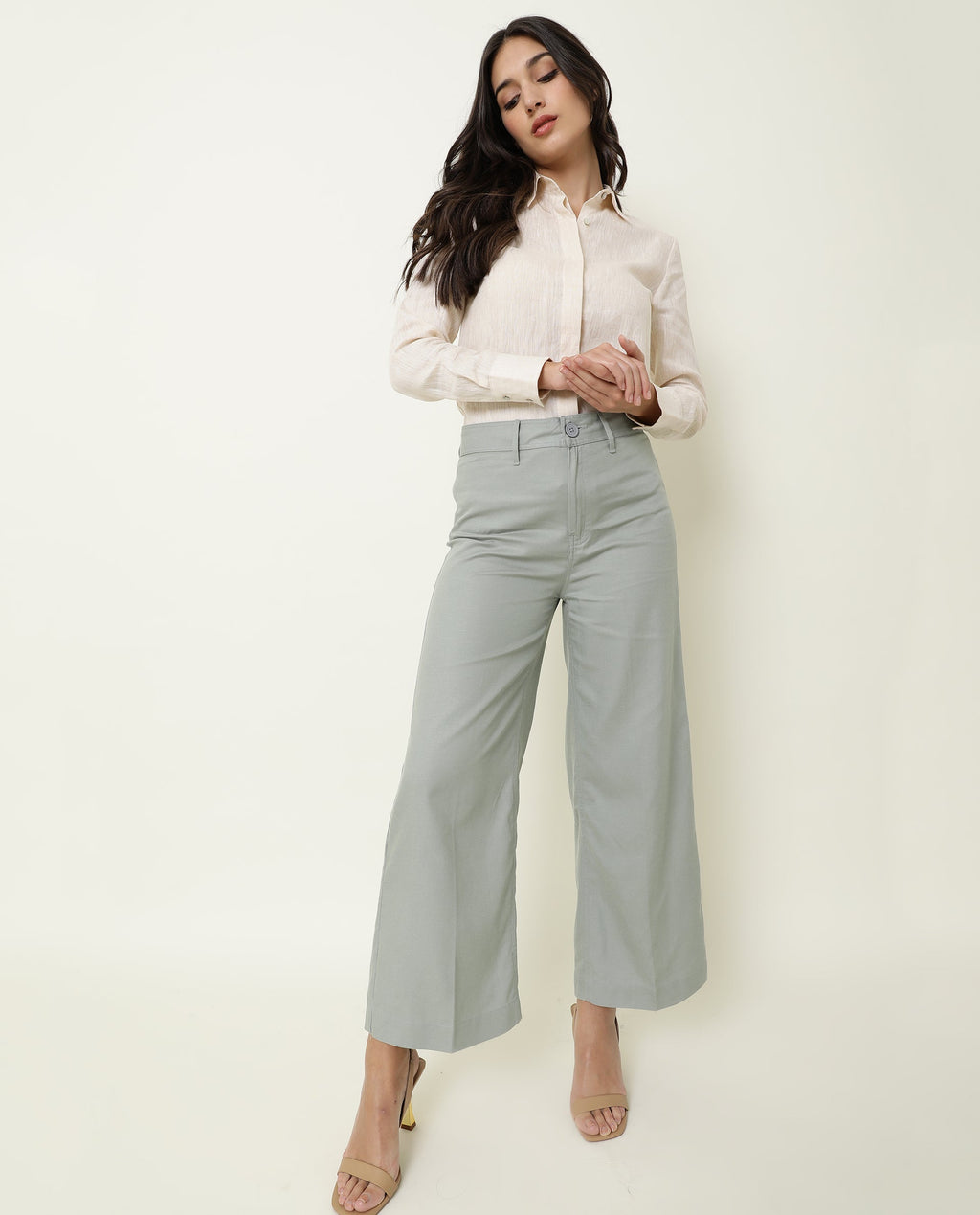 Rareism Women's Micky Green Cotton Blend Plain Ankle Length Tailored Trouser