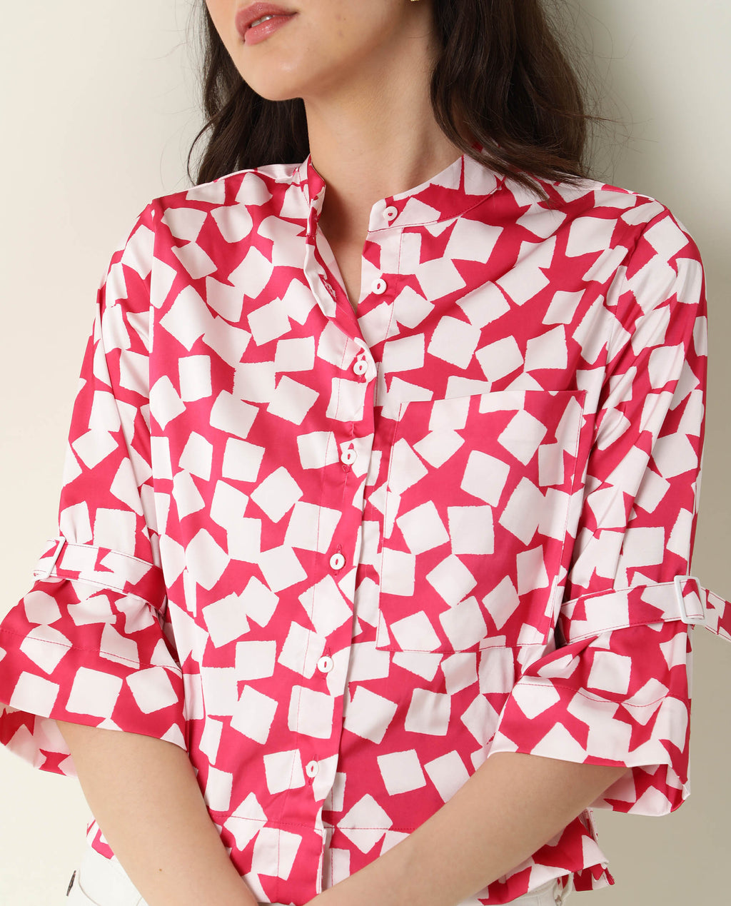 Rareism Women's Seki Pink Modal High Neck Geometric Print Regular Fit Shirt