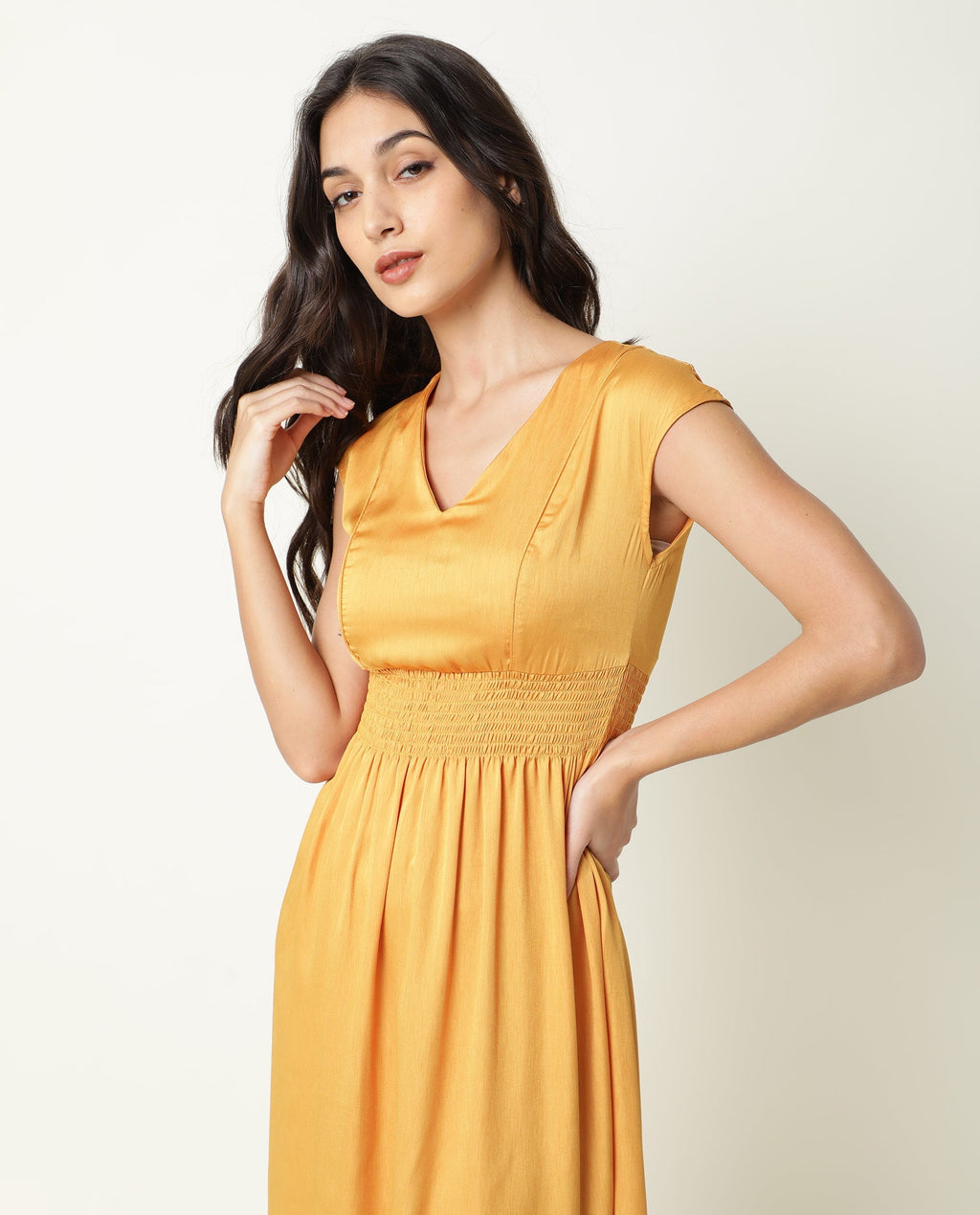 Rareism Women's Milux Mustard V-Neck Plain Sleeveless Knee Length Regular Fit Dress