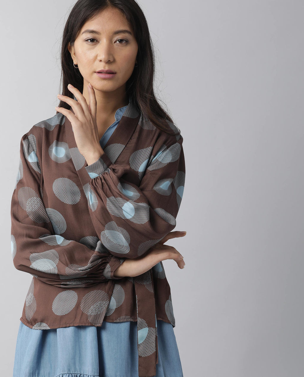 Rareism Womens Jerry Brown Top Stripes Full Sleeve Wrap Top