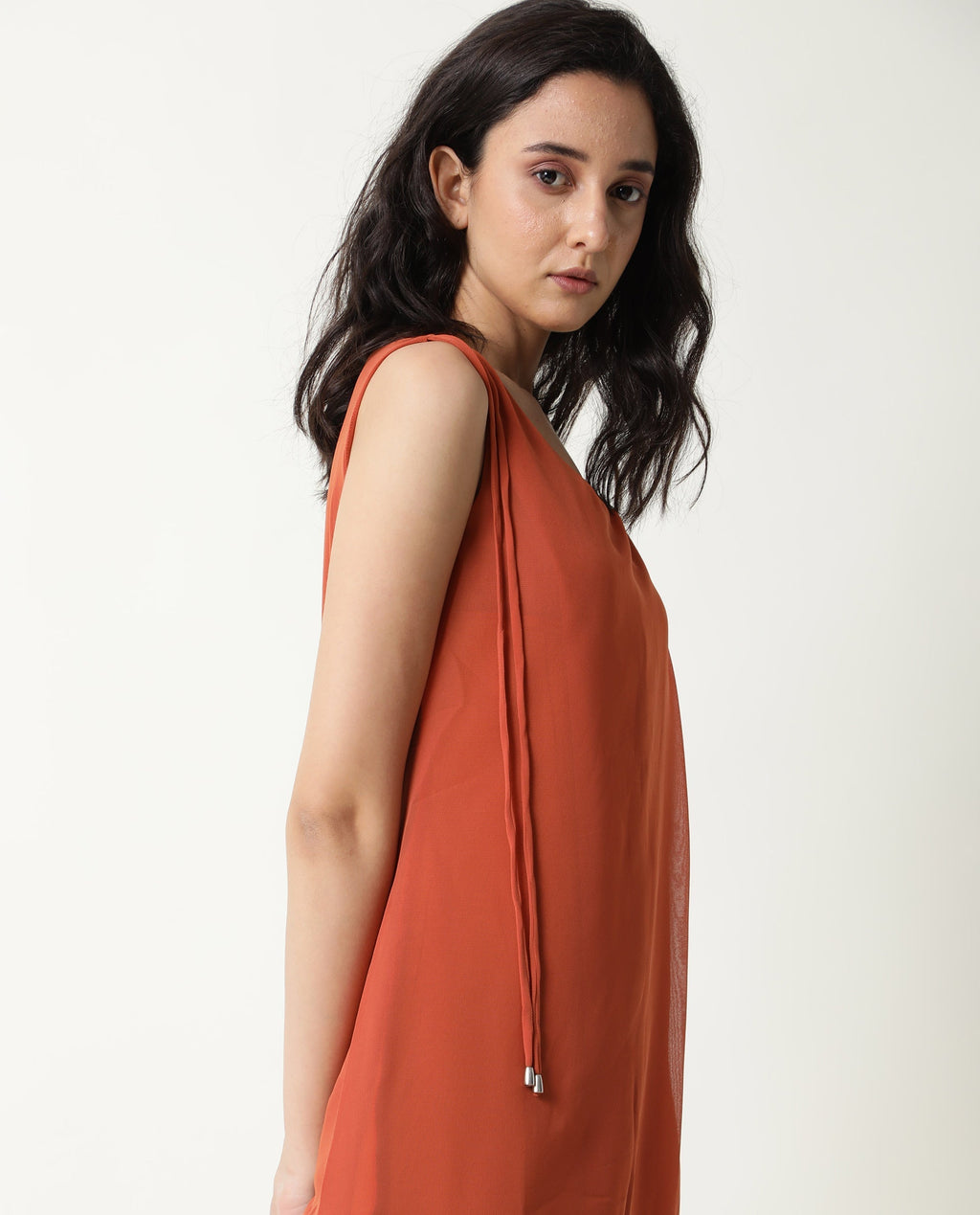 Rareism Women's Saabo Rust Polyester Boat Neck Plain Sleeveless Knee Length Regular Fit Dress