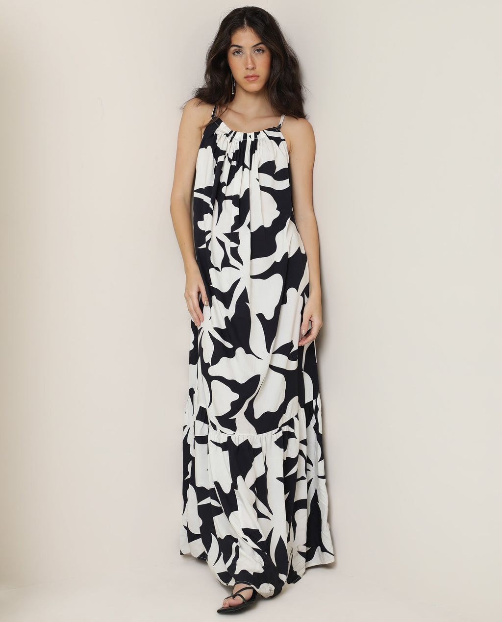 Rareism Women's Zahara Black Viscose Shoulder Strap Floral Print Shoulder Strap Knee Length Regular Fit Dress