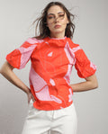 Rareism Women's Danica Multi Cotton Crew Neck Abstract Print Balloon Sleeve Regular Fit Top