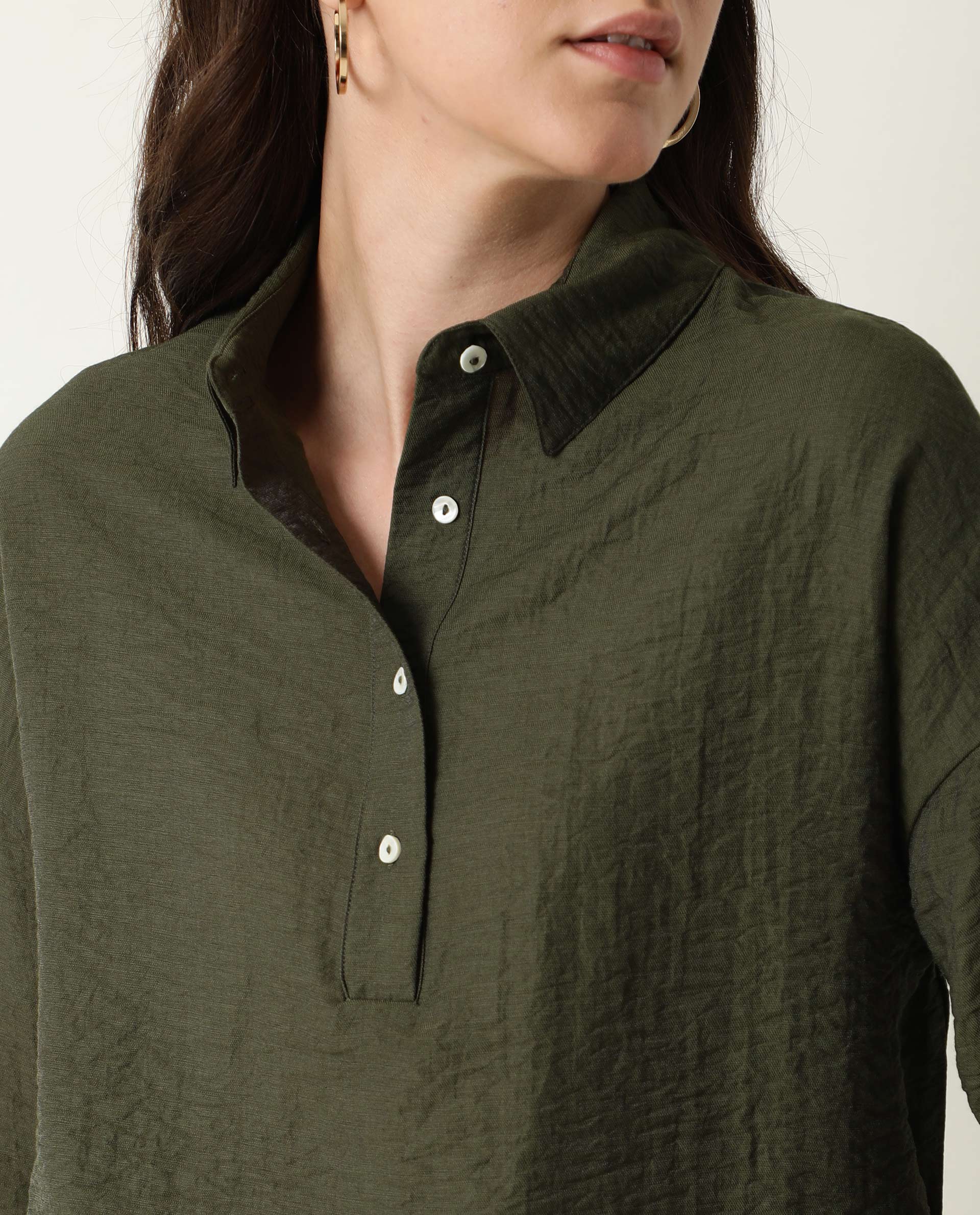 Rareism Women's Velyn Dark Green Polyester Spread Collar Textured Cuffed Sleeve Relaxed Fit Top