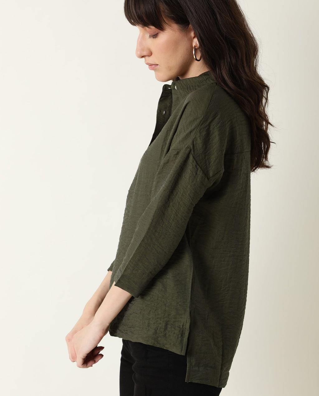 Rareism Women's Velyn Dark Green Polyester Spread Collar Textured Cuffed Sleeve Relaxed Fit Top