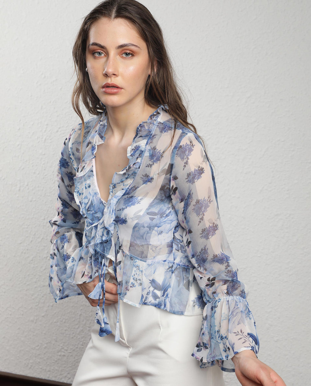 Rareism Women's Julieta Blue Polyester V-Neck Floral Print Bell Sleeve Regular Fit Shrug