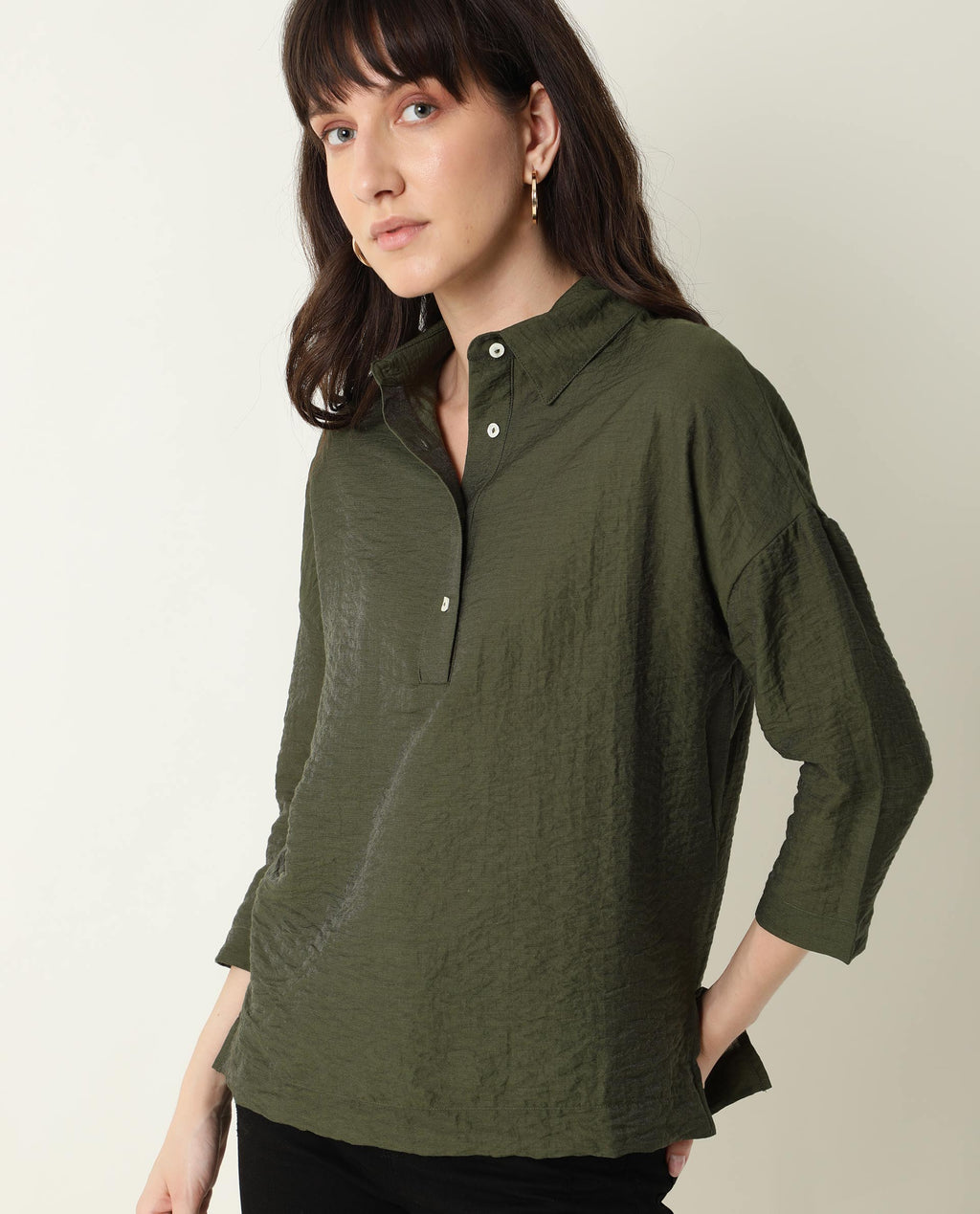 Rareism Women's Velyn Dark Green Polyester Spread Collar Textured Cuffed Sleeve Relaxed Fit Top