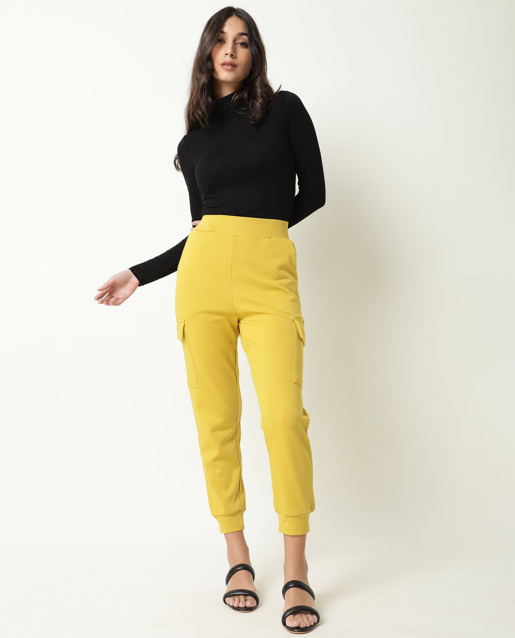 Rareism Women's Nush Yellow Polyester Blend Plain Ankle Length Tailored Track Pant