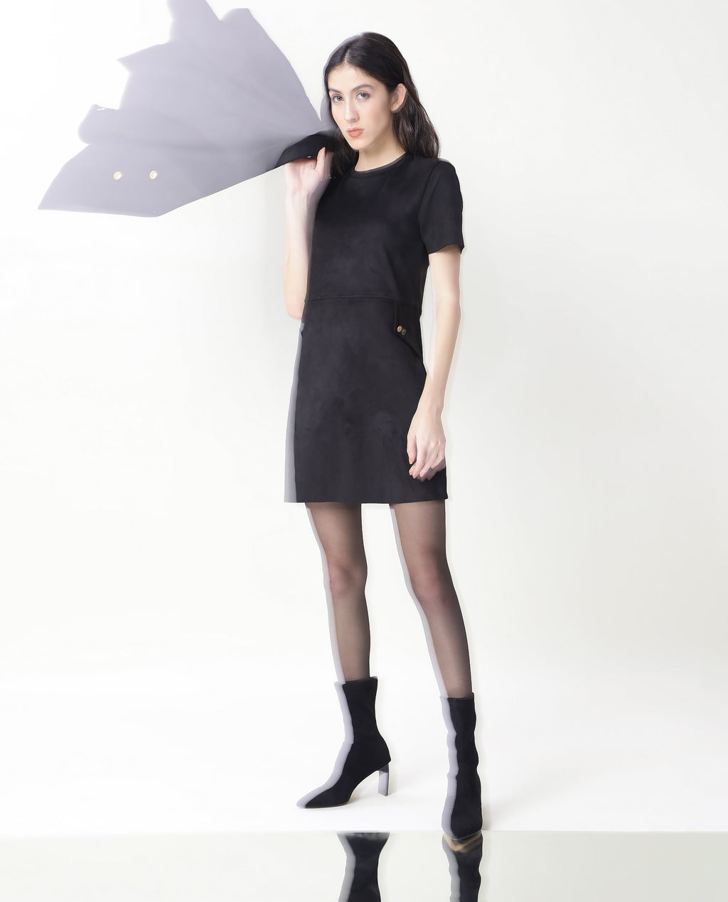 Rareism Women's Sions Black Crew Neck Plain Knee Length Tailored Dress