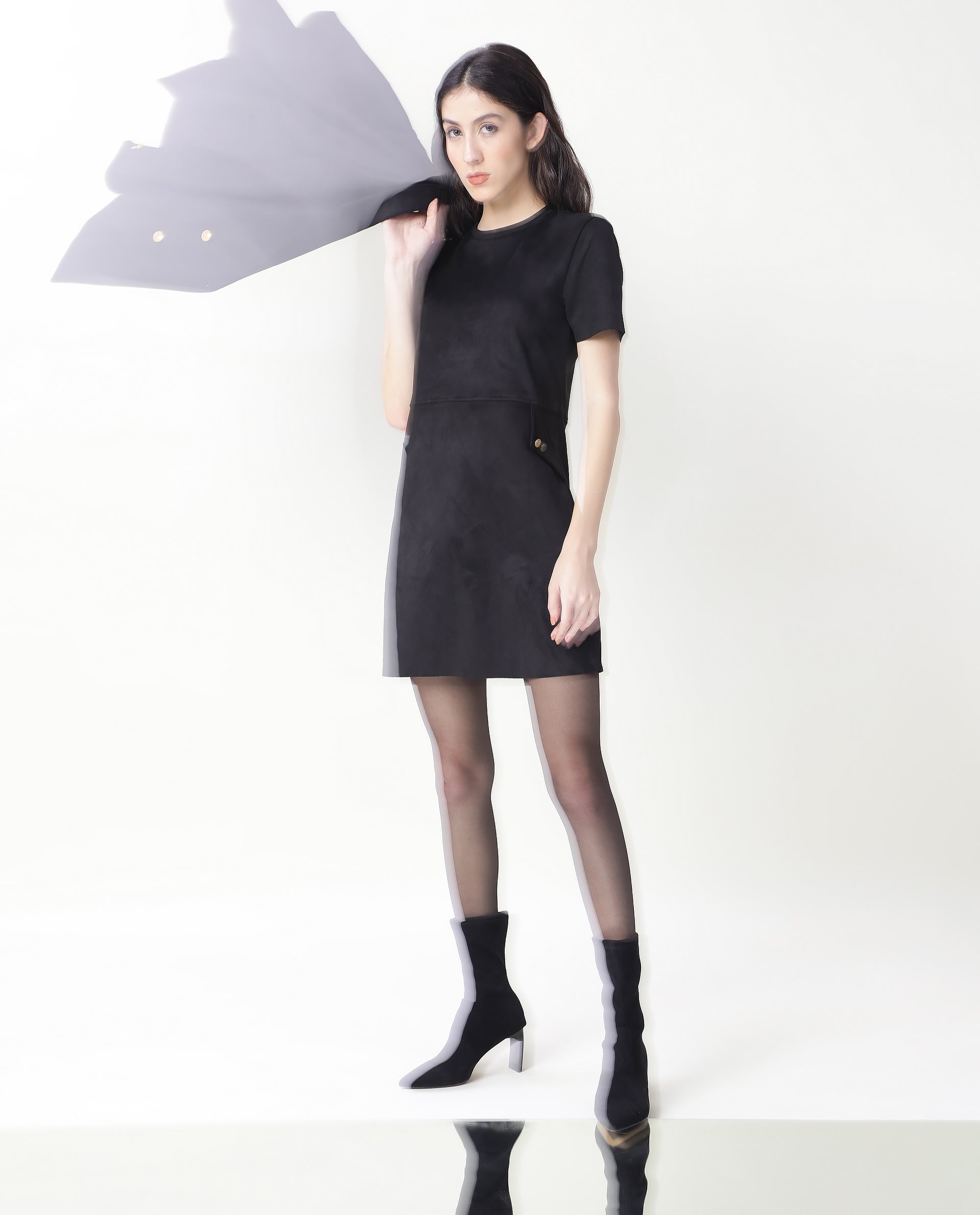 Rareism Women's Sions Black Crew Neck Plain Knee Length Tailored Dress