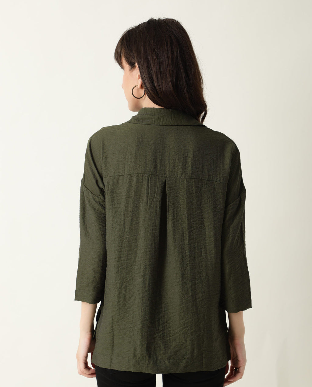 Rareism Women's Velyn Dark Green Polyester Spread Collar Textured Cuffed Sleeve Relaxed Fit Top