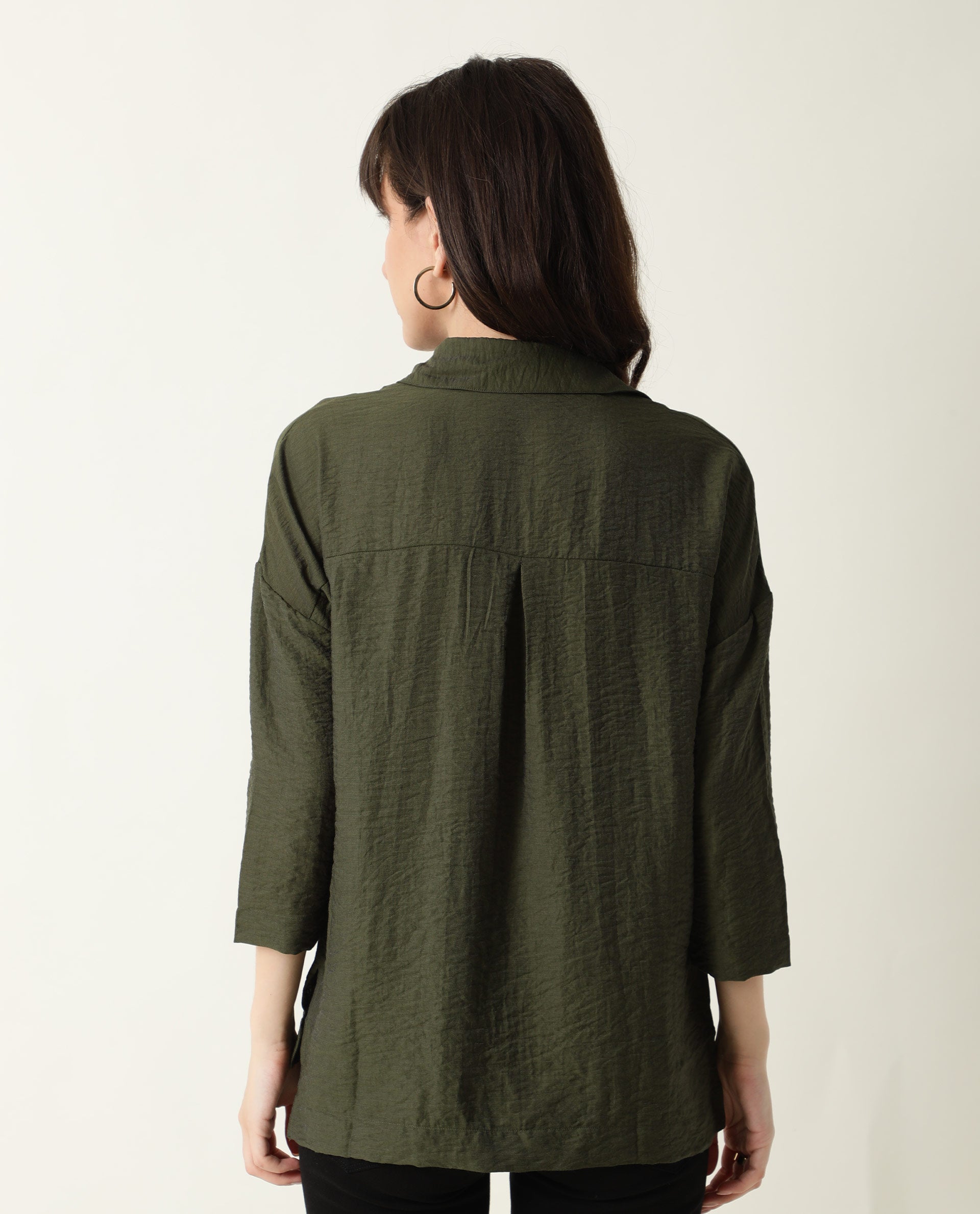 Rareism Women's Velyn Dark Green Polyester Spread Collar Textured Cuffed Sleeve Relaxed Fit Top