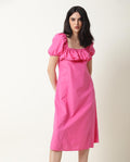 Rareism Women's Varsi Pink Sweetheart Neck Plain Midi Regular Fit Dress
