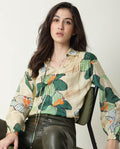 Rareism Women's Kalina Offwhite Tie-Up Neck Floral Print Knee Length Regular Fit Top