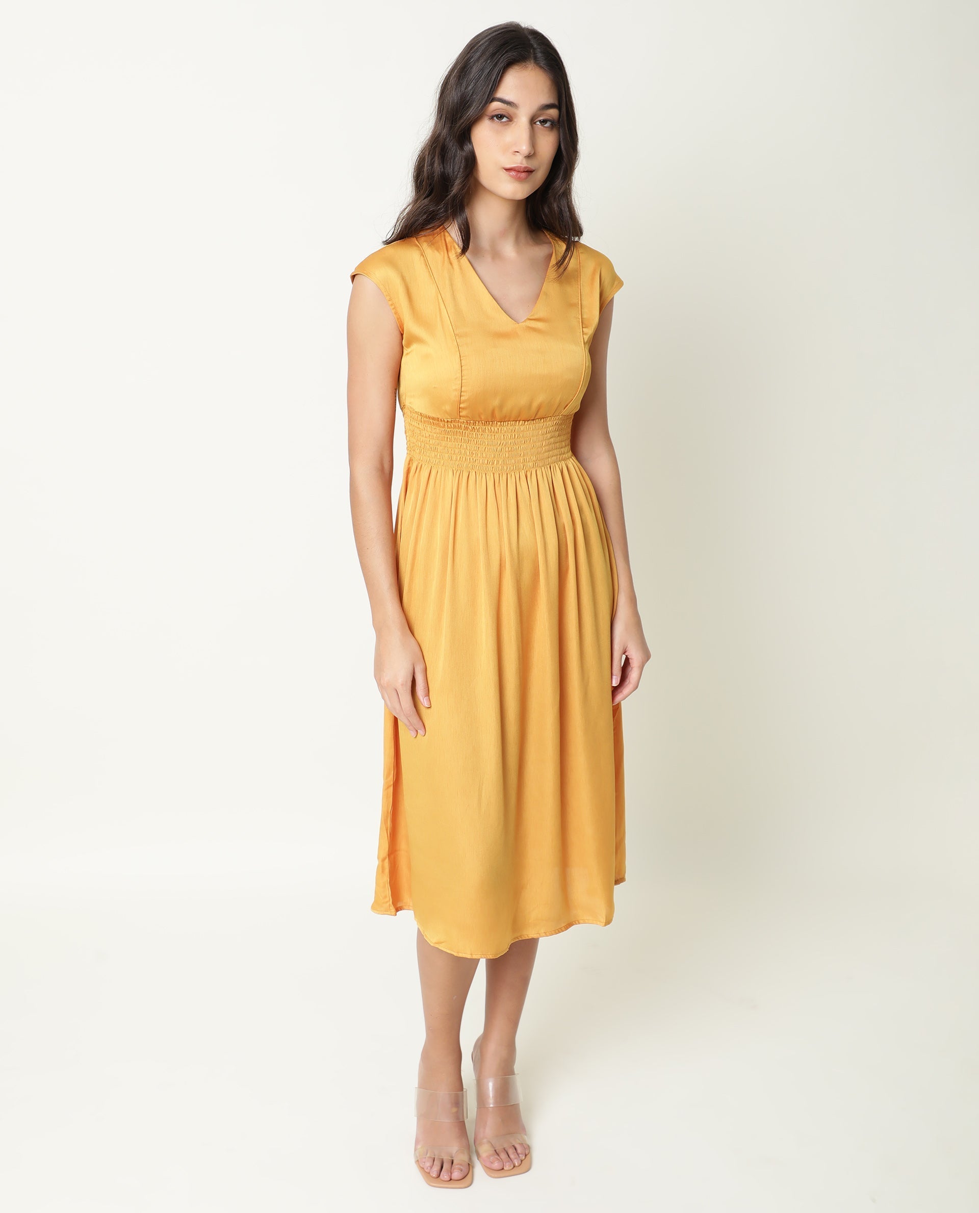Rareism Women's Milux Mustard V-Neck Plain Sleeveless Knee Length Regular Fit Dress