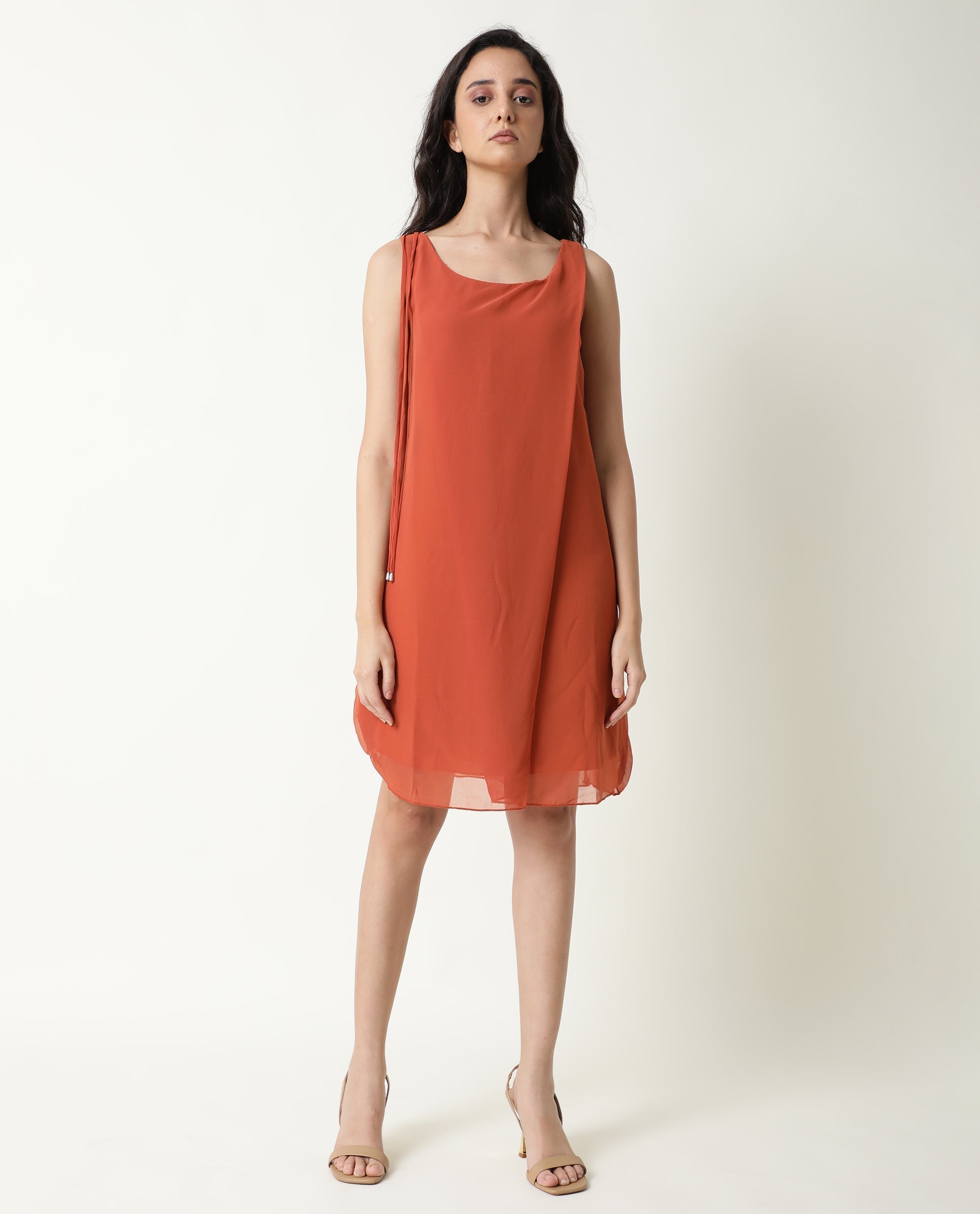 Rareism Women's Saabo Rust Polyester Boat Neck Plain Sleeveless Knee Length Regular Fit Dress